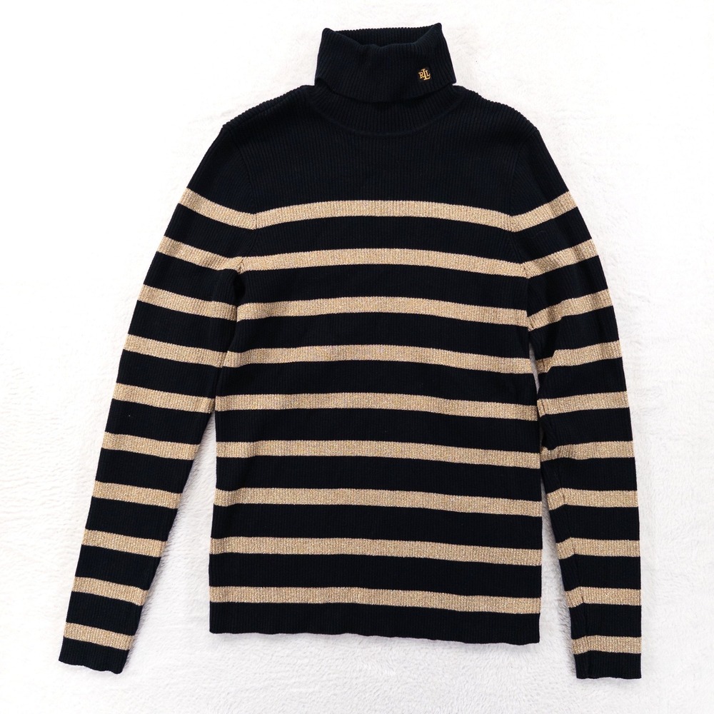 Lauren Ralph Lauren Womens Turtleneck Sweater M Black Gold Metallic Striped